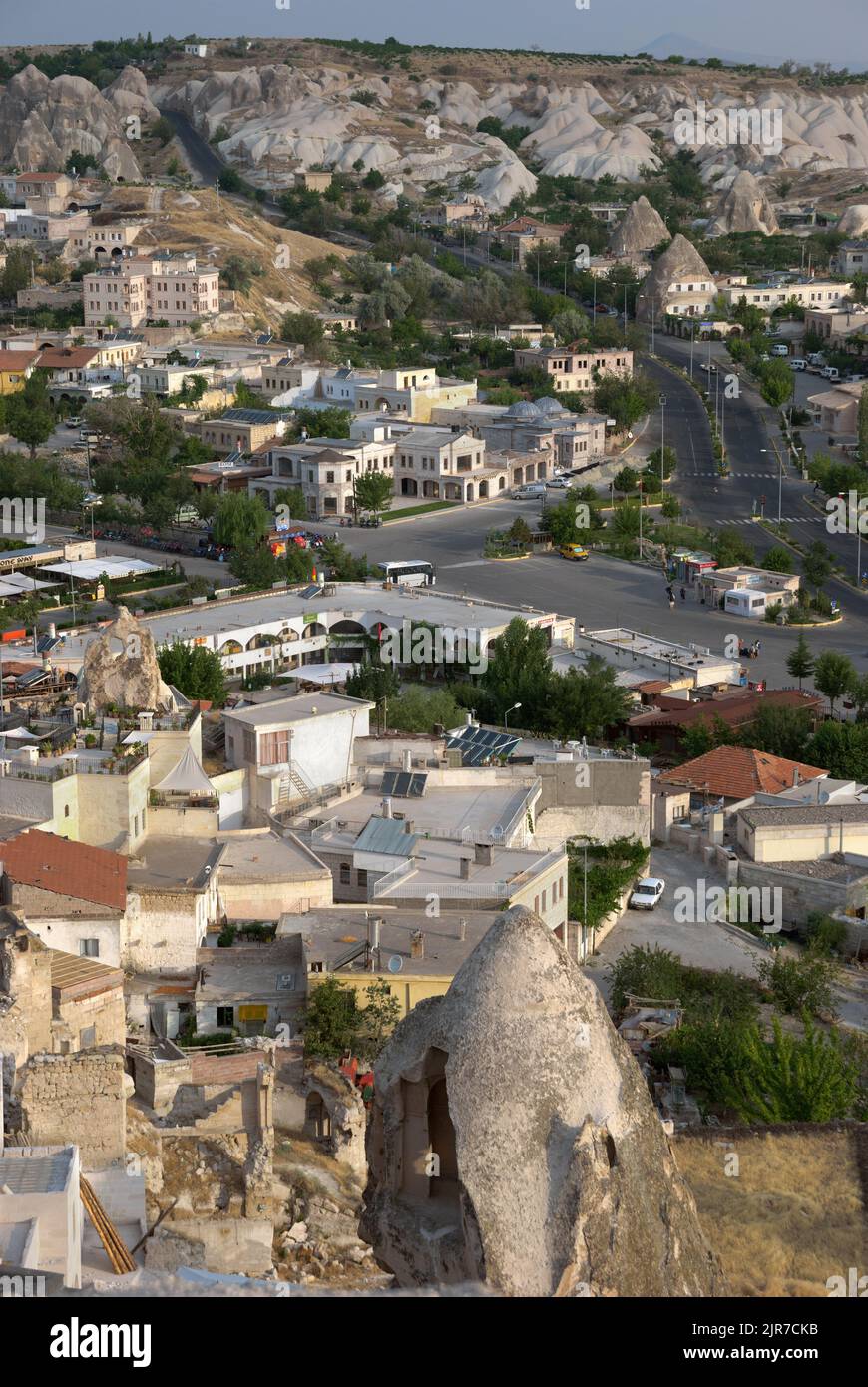 Aerial view of Goreme town in Cappadocia, Turkey, the centre of Cappadocia National Park, listed as UNESCO World Heritage site Stock Photo