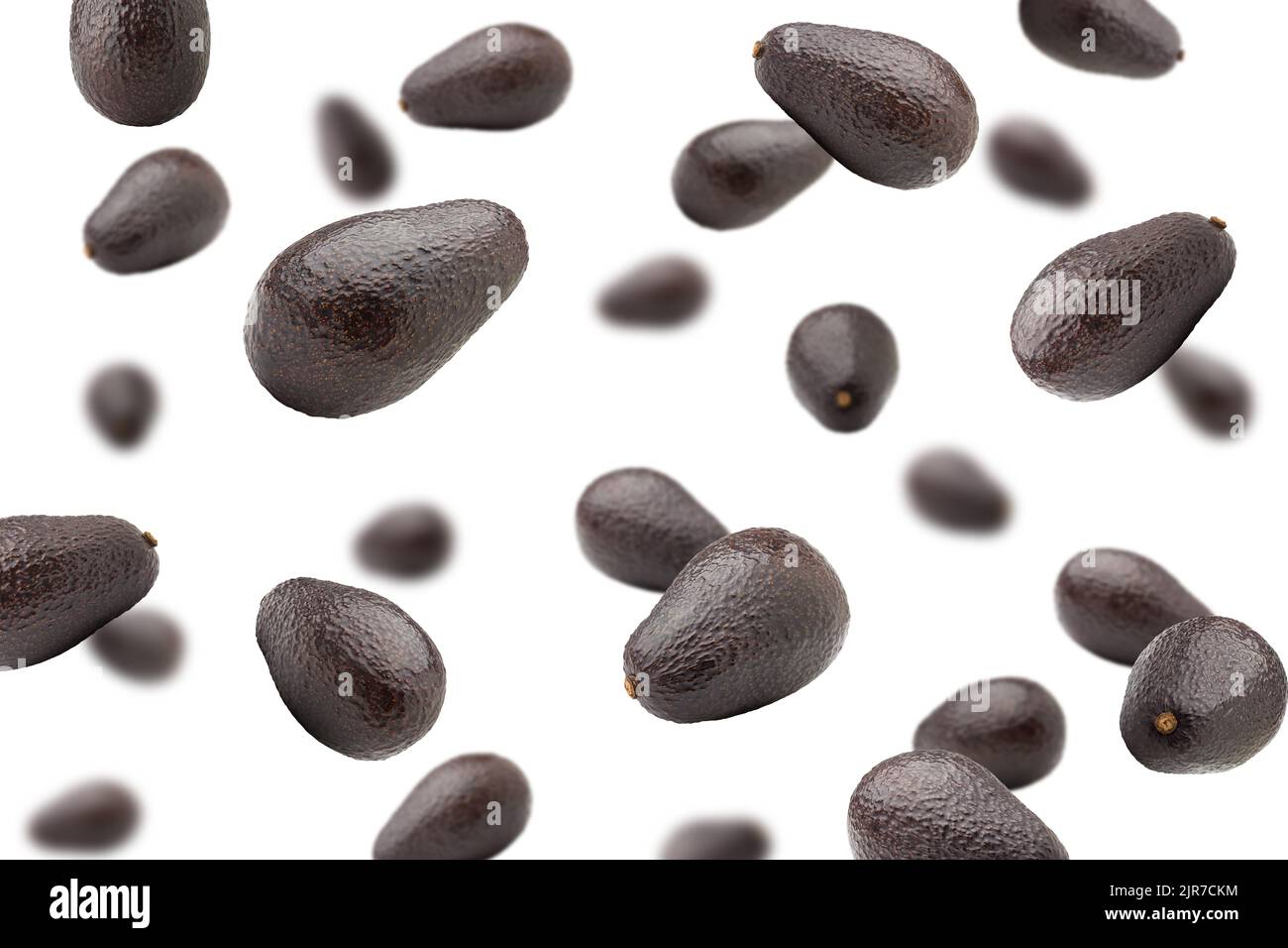 Falling avocado, isolated on white background, selective focus Stock Photo
