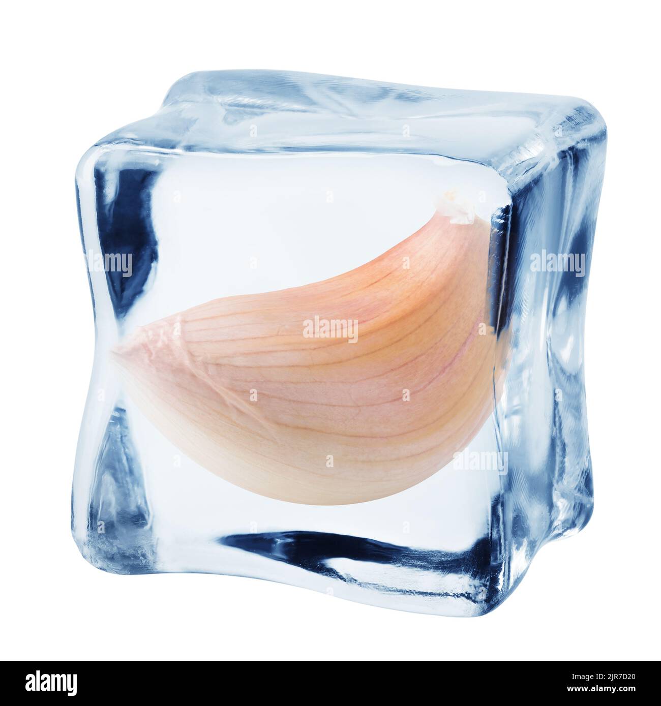 garlic in ice cube, isolated on white background, clipping path, full