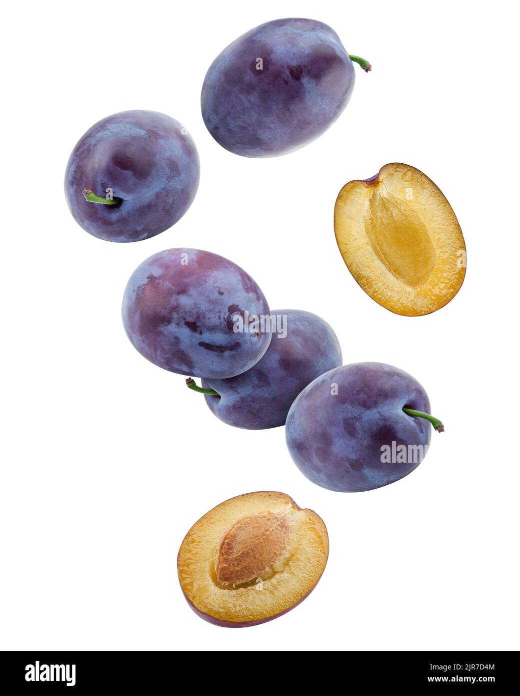 Falling plum isolated on white background, clipping path, full depth of