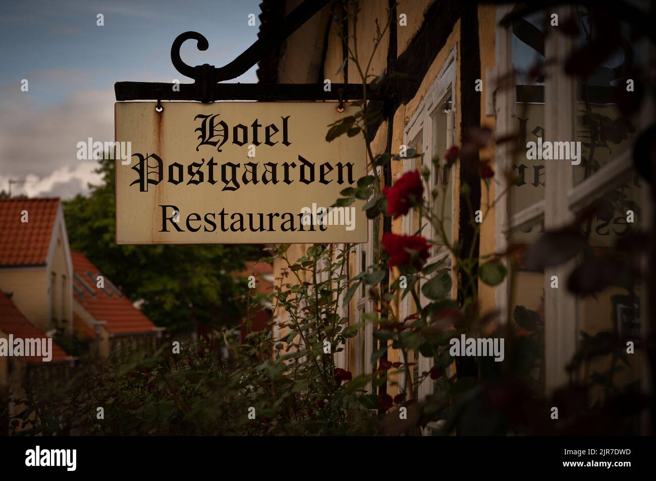 Romantic sign outside the hotel postgaarden in Mariager, Denmark, August 8, 2022 Stock Photo