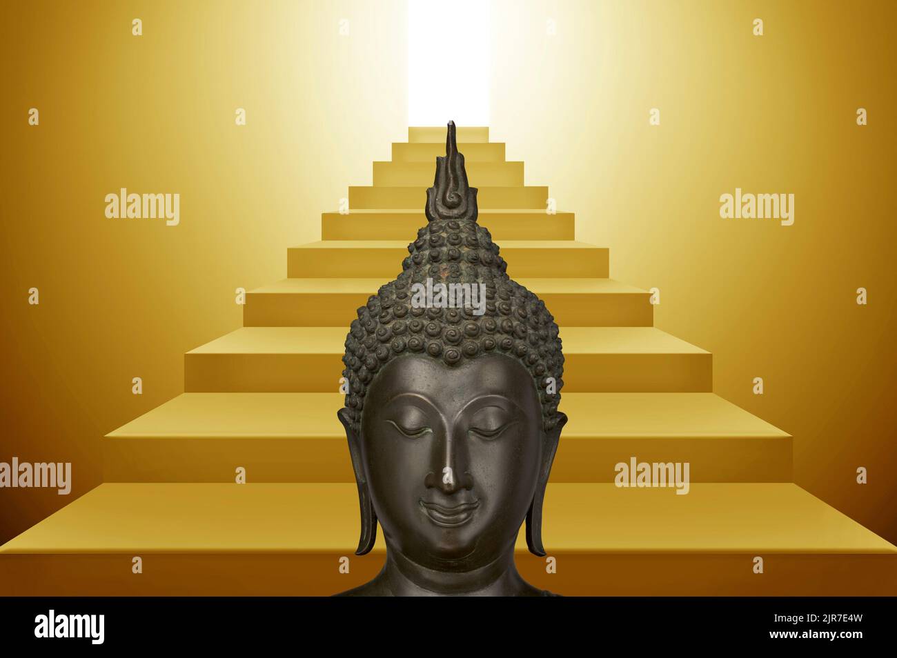 Close-up of the Buddha and in the background the staircase leading to wisdom and tranquility Stock Photo