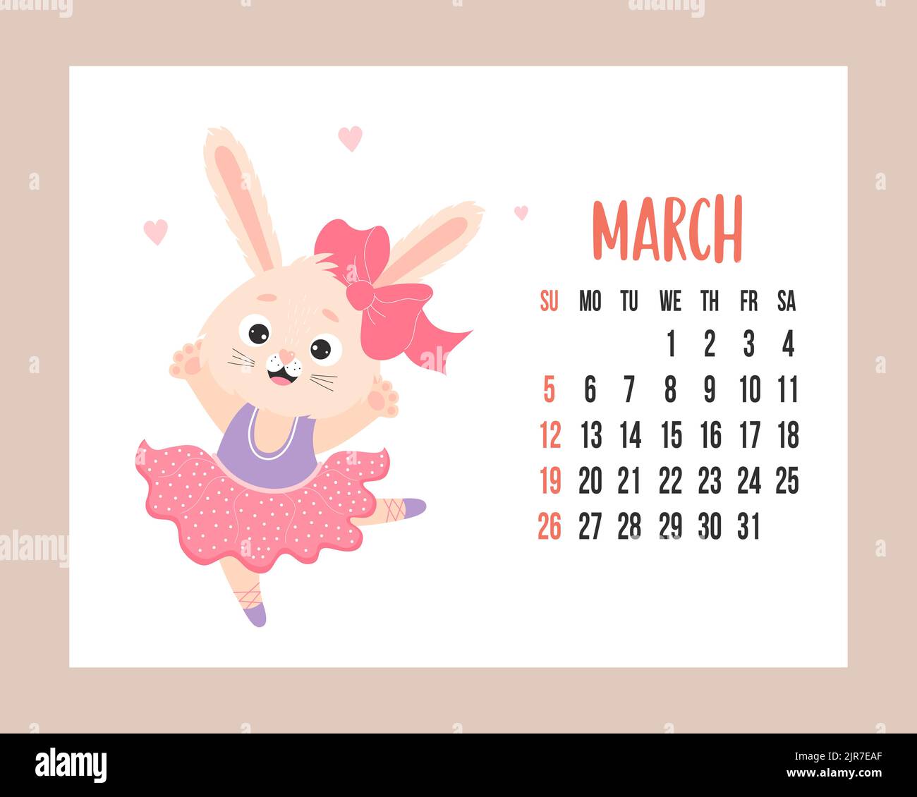 March 2023 calendar. Cute bunny girl ballerina in dress dances on ...