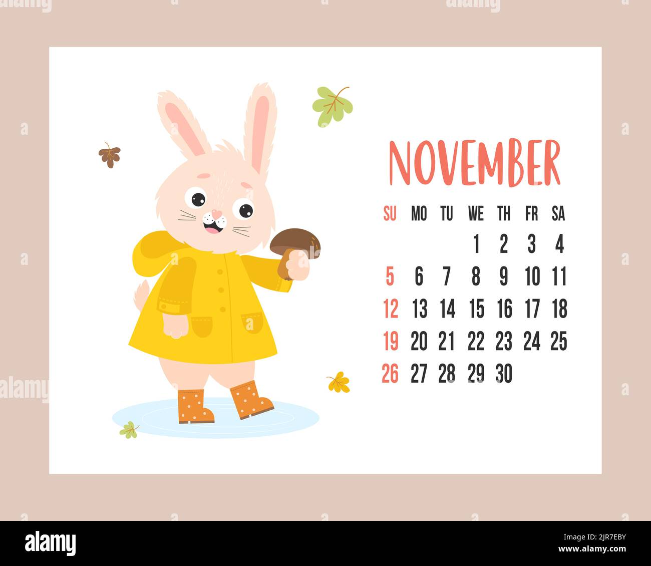 November 2023 calendar. Cute bunny in raincoat and rubber boots with mushroom on white background with autumn leaves. Vector illustration. horizontal Stock Vector