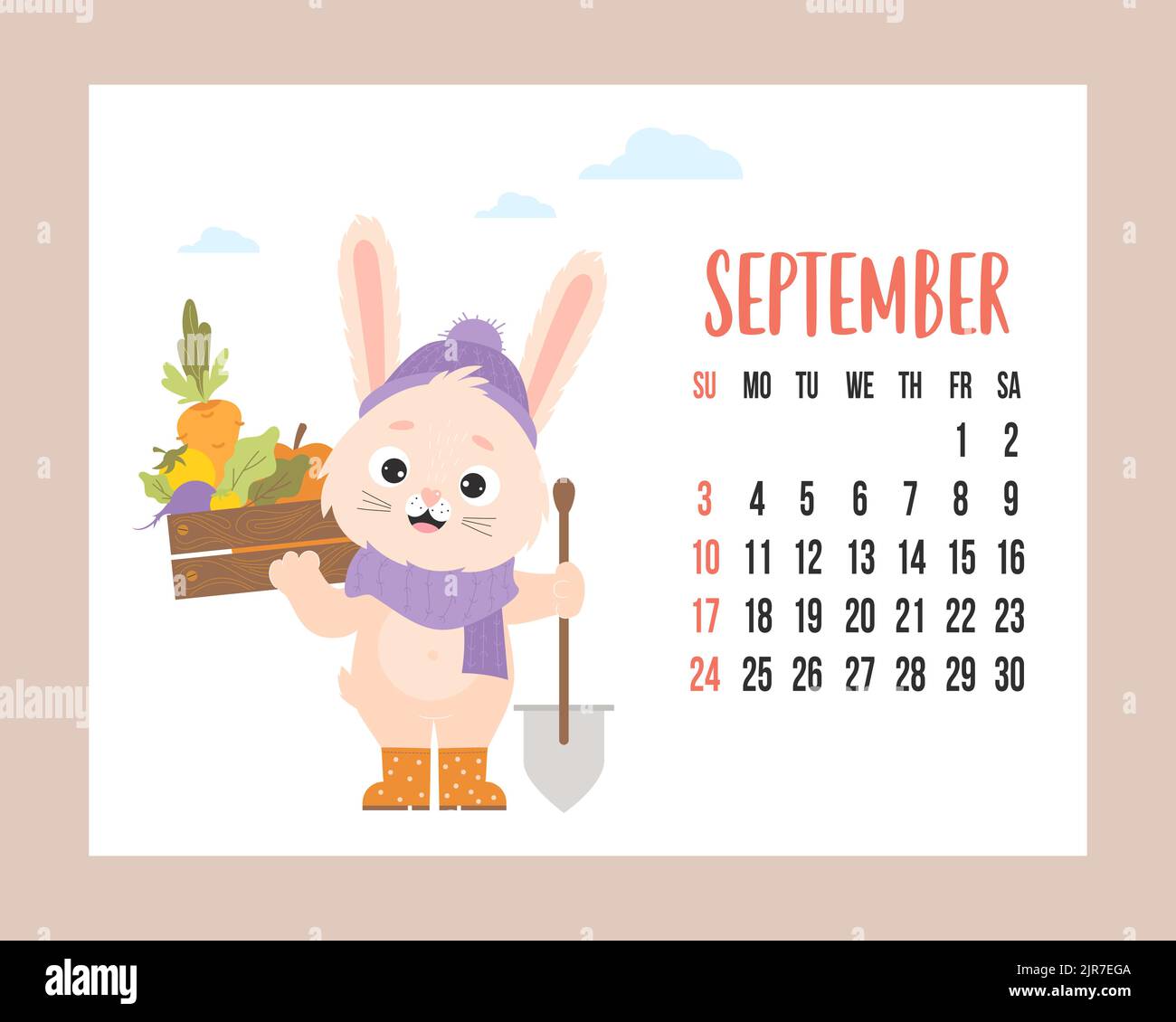 September 2023 Calendar Cute Bunny Farmer In Knitted Clothes And