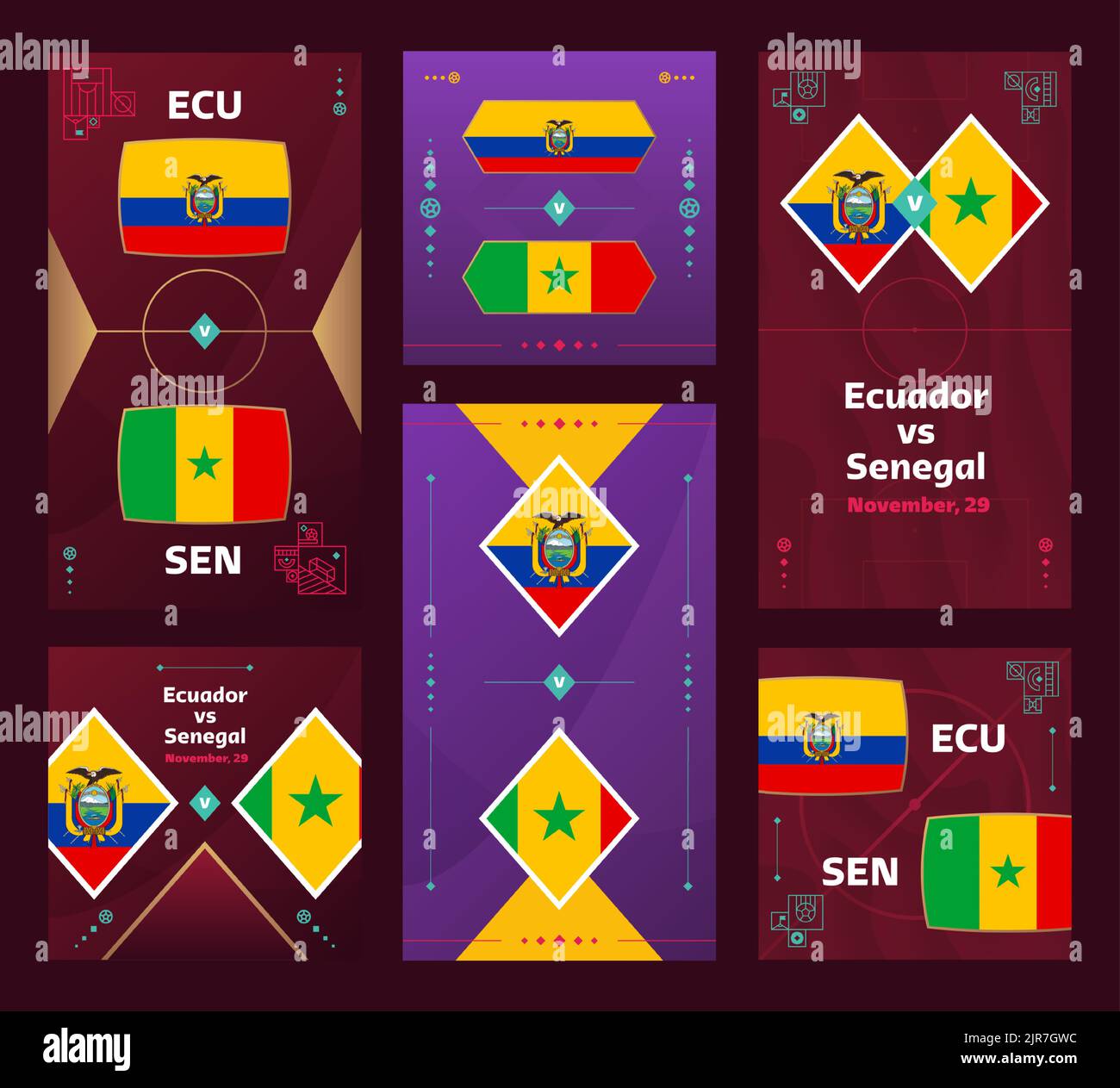 Ecuador vs Senegal Match. World Football 2022 vertical and square