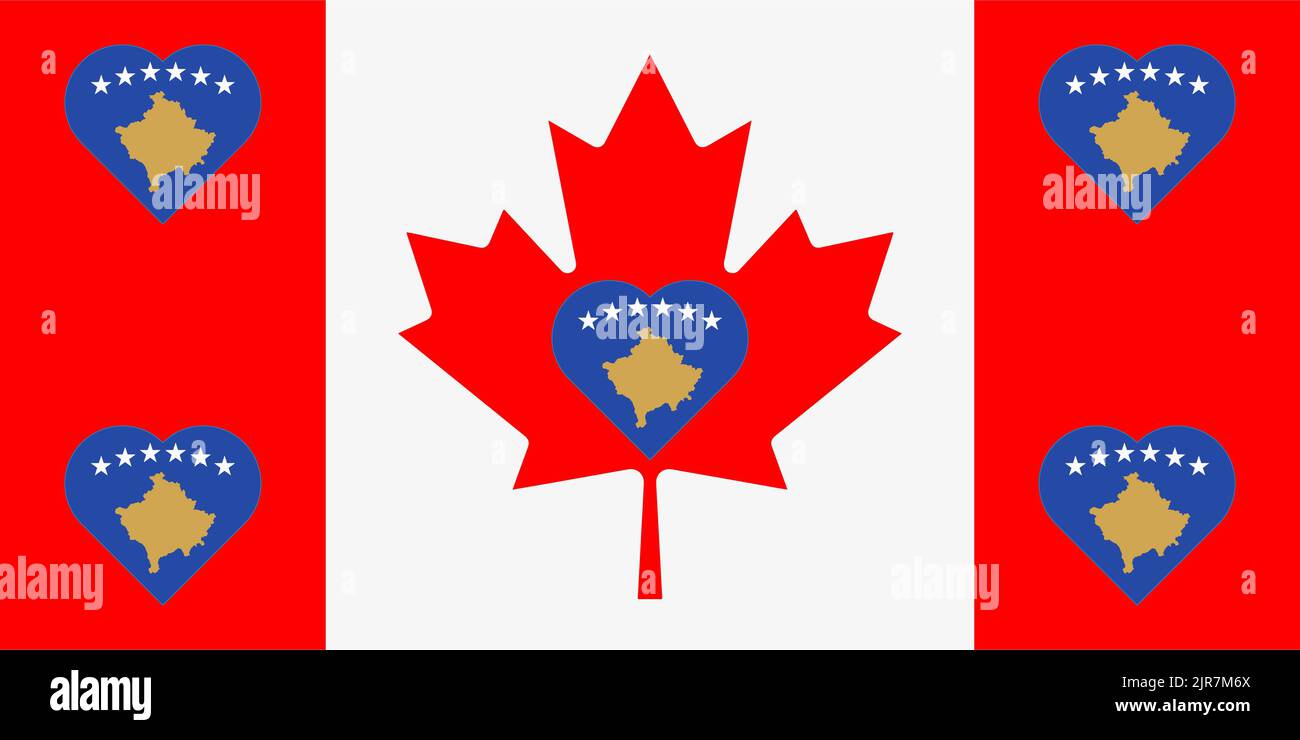 Flag of Kosovo in the form of a heart on the flag of Canada. Allied support for Kosovo. Flat double flag - illustration. Stock Photo
