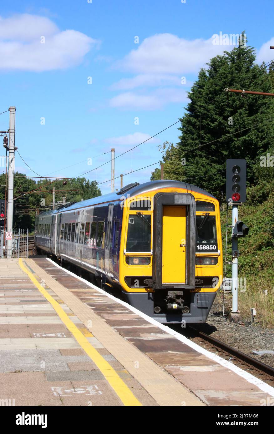 Northern trains class 158 express sprinter diesel multiple-unit train, 158850, arriving at Lancaster railway station on 17th August 2022. Stock Photo