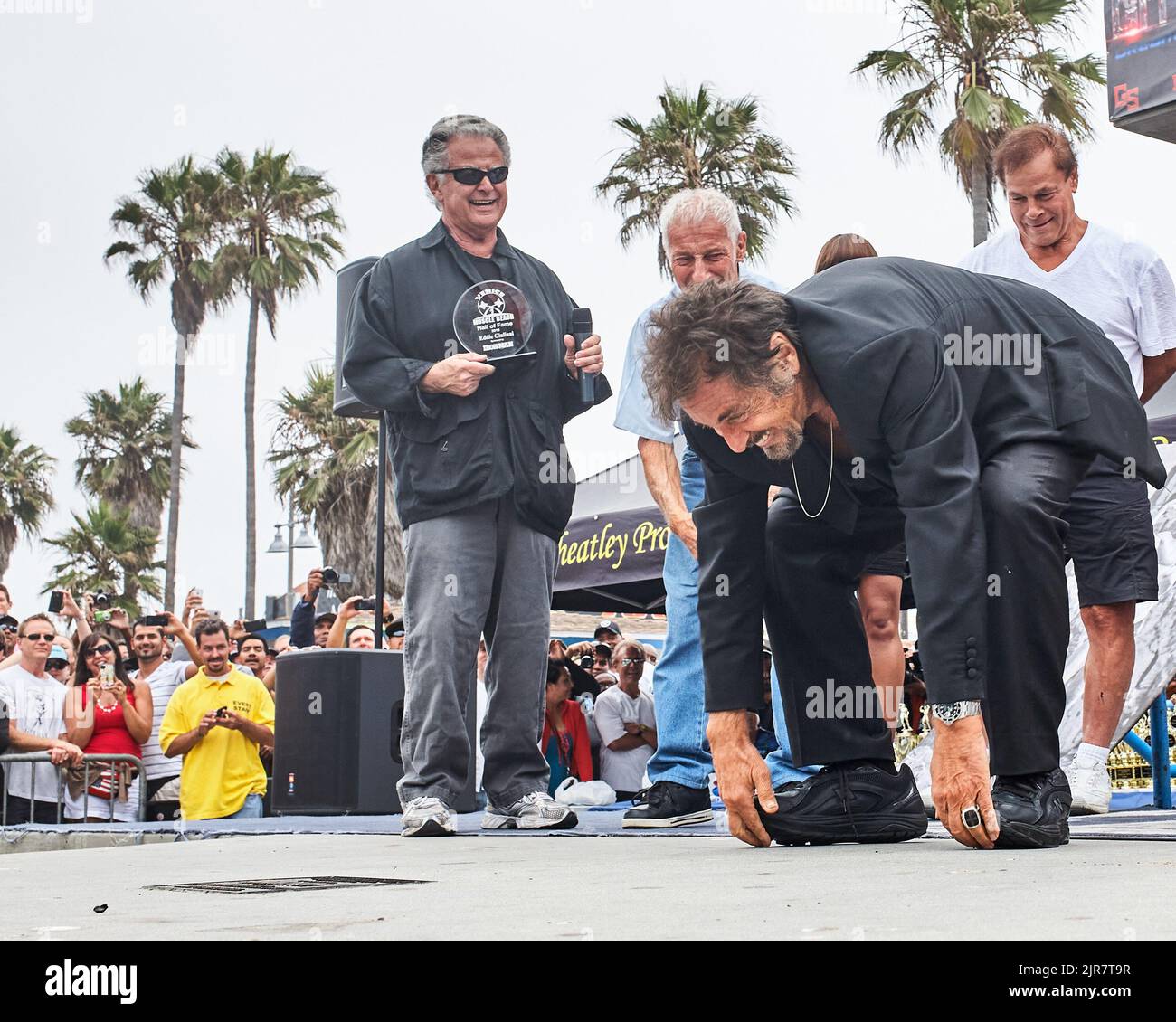 Venice, California, USA. 4th July, 2012. Al Pacino at Muscle Beach telling the crowd he was going to stand on his hands. After inducting his long time friend and personal fitness trainer Eddie Guiliani into the Muscle Beach Hall Of Fame. (Credit Image: © Ian L. Sitren/ZUMA Press Wire) Stock Photo