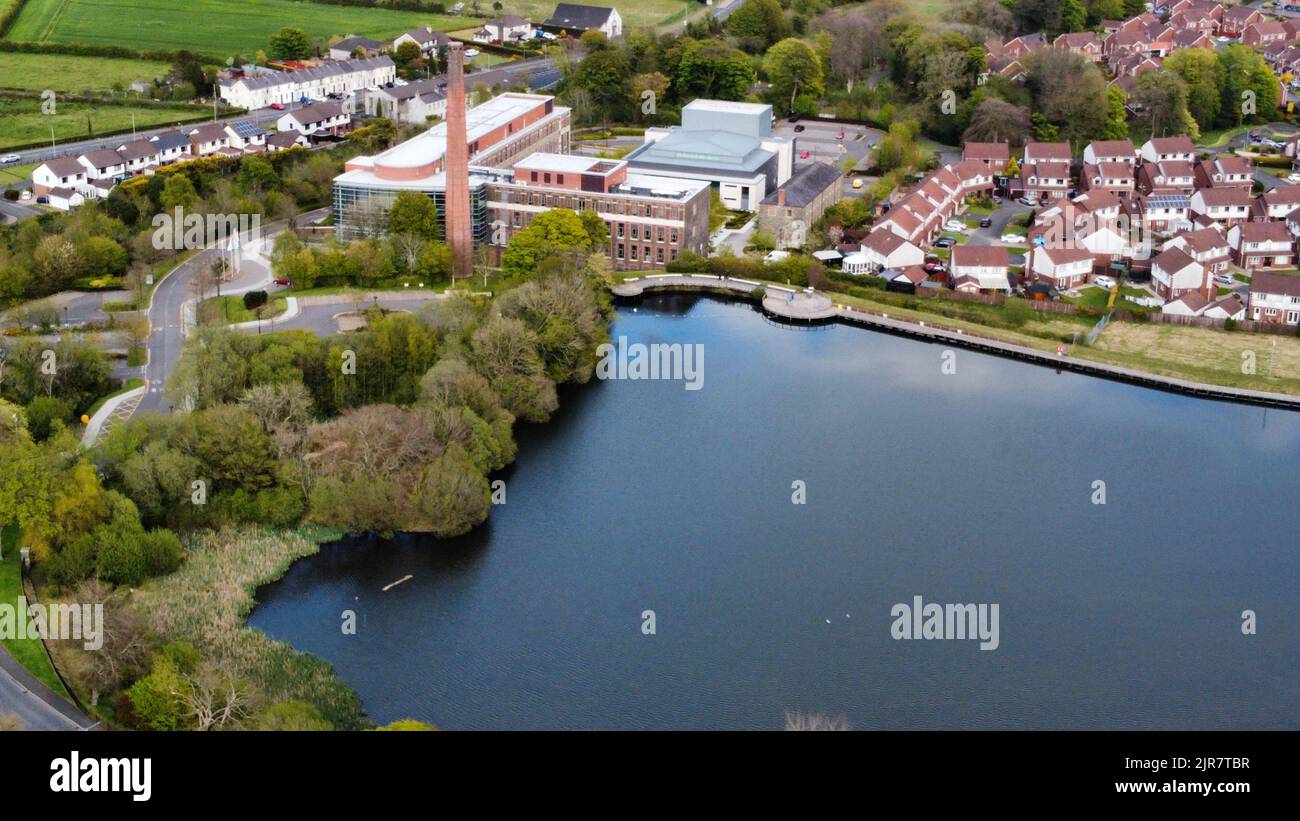 An aerial view of the Mossley Mill near the Mossley Dam in Northern