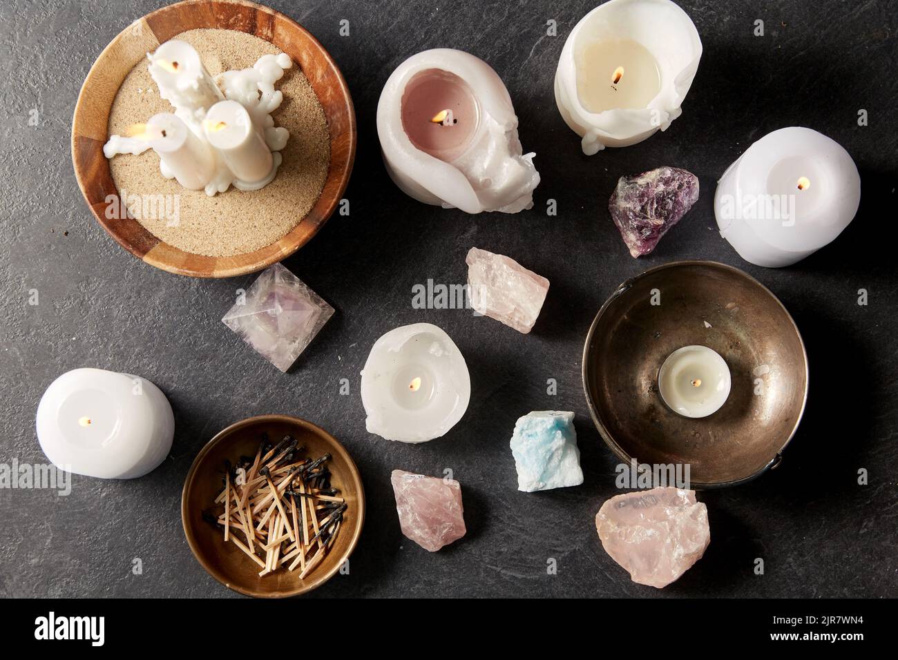 burning candles and crystals for magic ritual Stock Photo Alamy