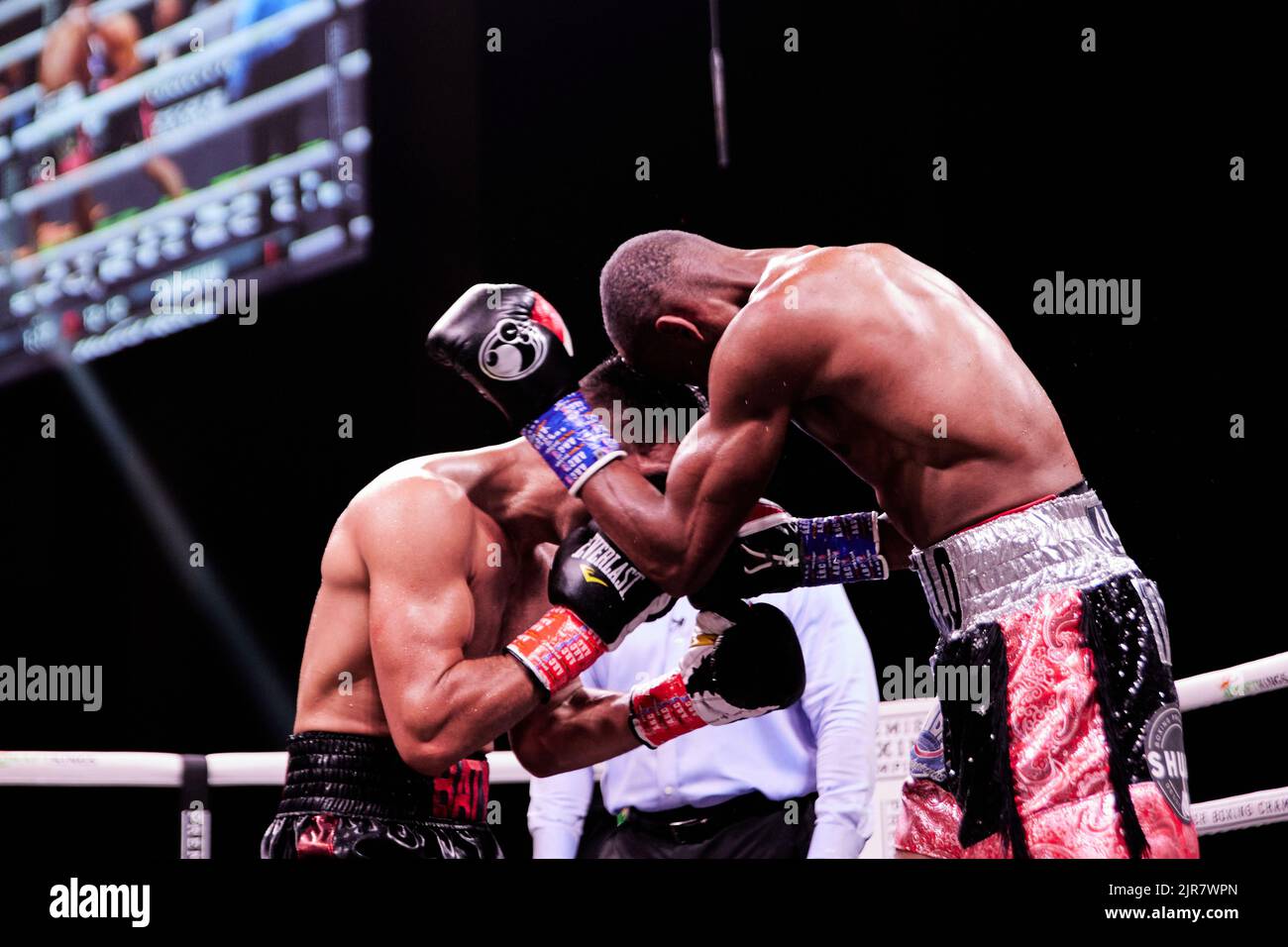 Professional boxer WBA interim super-lightweight Alberto Puello defeats WBA Super-Lightweight Batyr Akhmedov in Professional Boxing match Stock Photo