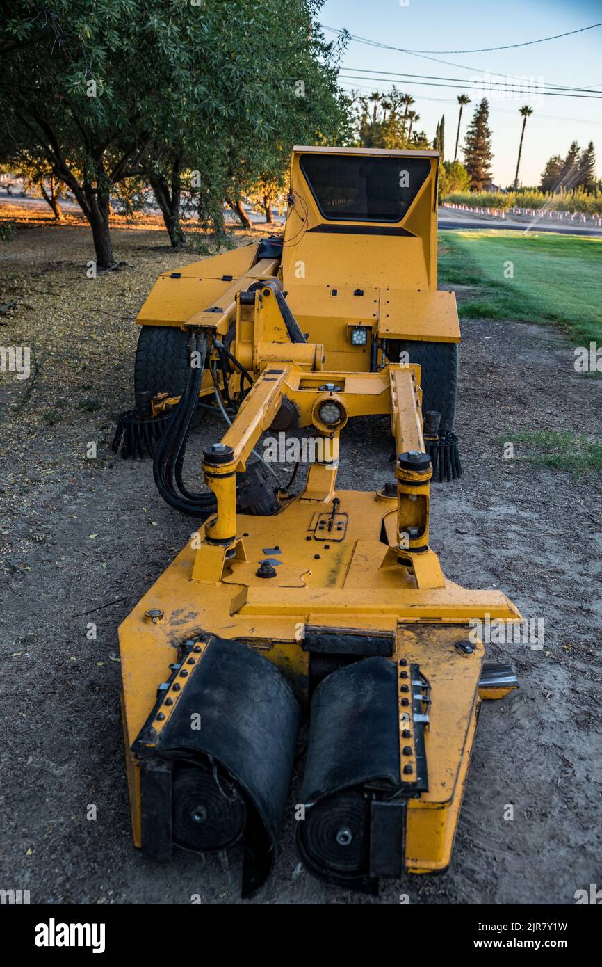 A Tree Shaker ready for harvest season in the Central Valley of California Stanislaus County Stock Photo