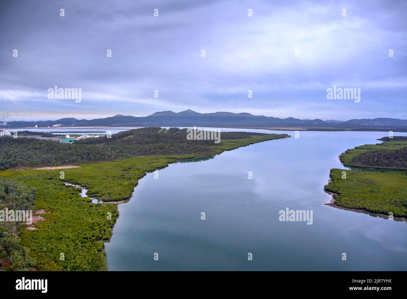 Aerial of mangroves along the banks of Graham Creek on Curtis Island Queensland Australia Stock Photo