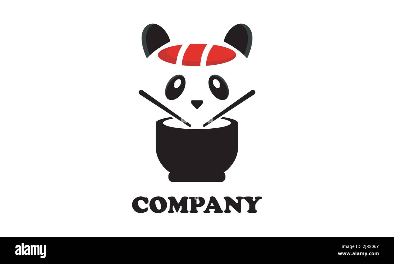 An illustration of a cute cartoon panda with chopsticks logo on a white