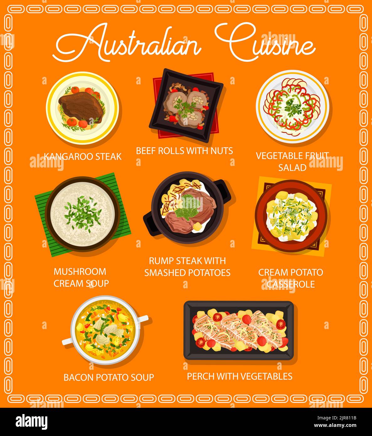 Australian cuisine restaurant menu with vector bbq meat, fish and vegetable food dishes. Barbecue kangaroo and beef steaks, perch, beef rolls and mushroom cream soup, fruit salad and potato casserole Stock Vector