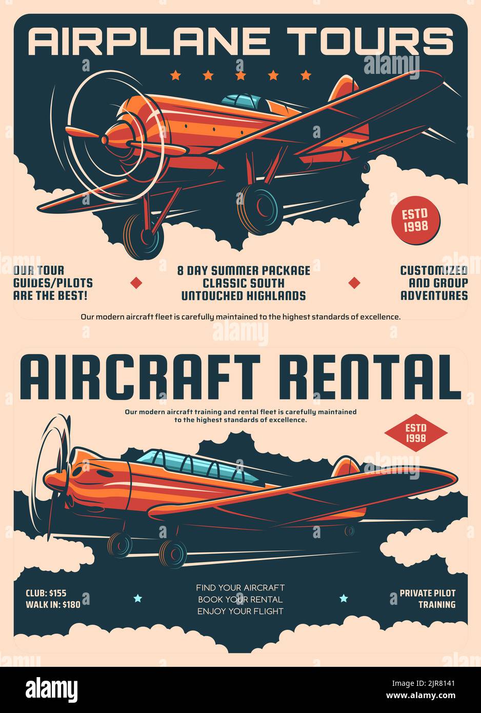 Aircraft rental and airplane tours retro posters. Airplane travel and