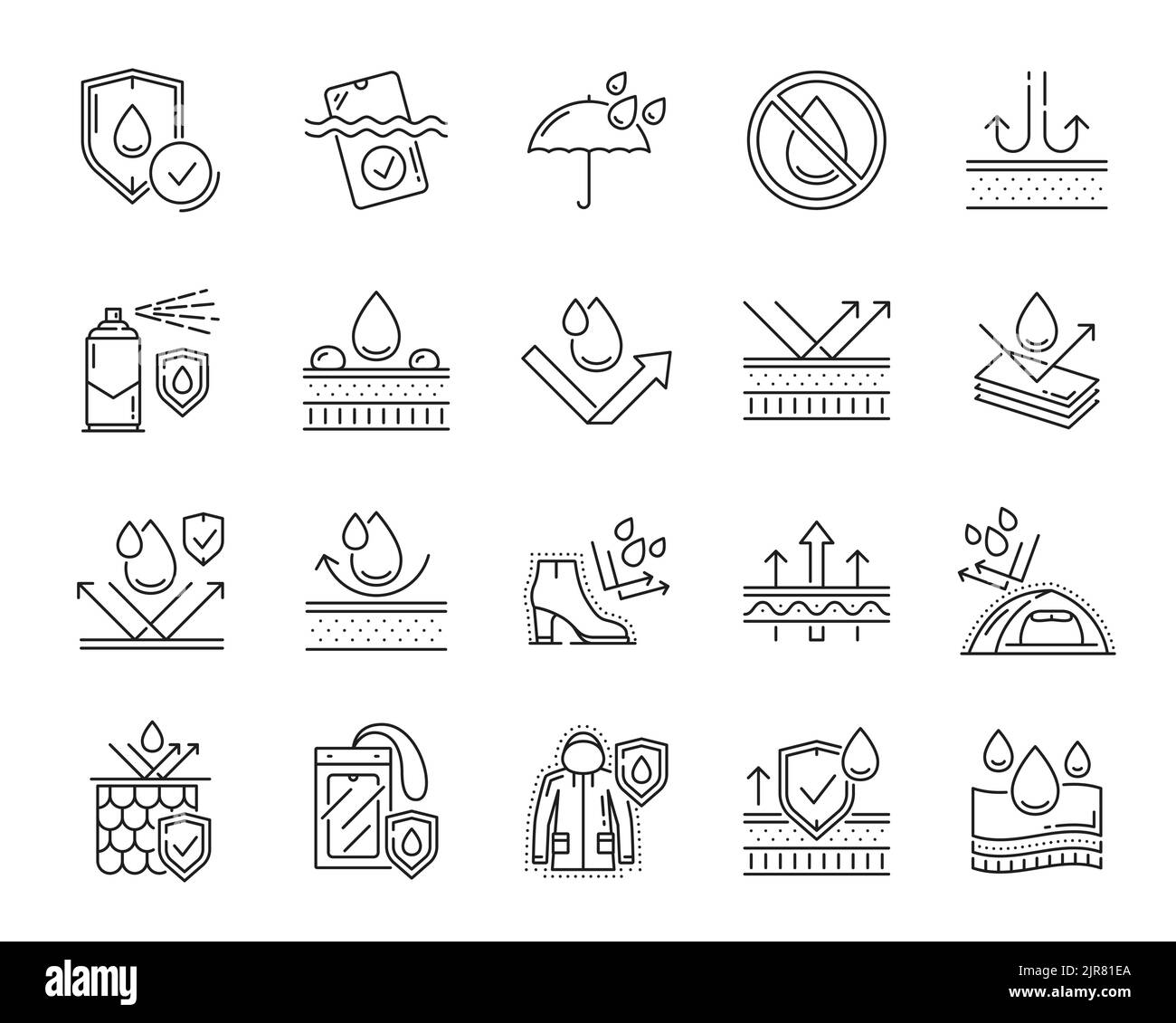 Waterproof icons, water proof fabrics line symbols, vector drops and shield. Waterproof of weather resistant material linear icons and umbrella pictograms for water proof footwear and sportswear Stock Vector