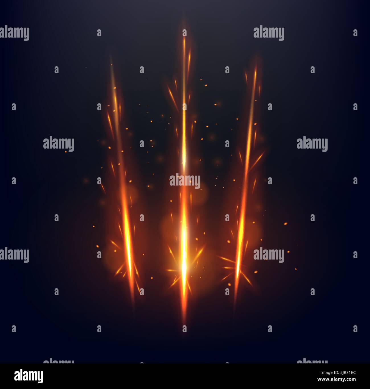 Fiery claw marks and scratches. Vector glowing traces of monster, predator nail trails with fire and sparks. Wild animal paws talon rips or sherds. Dragon or beast breaks, realistic 3d mark slashes Stock Vector