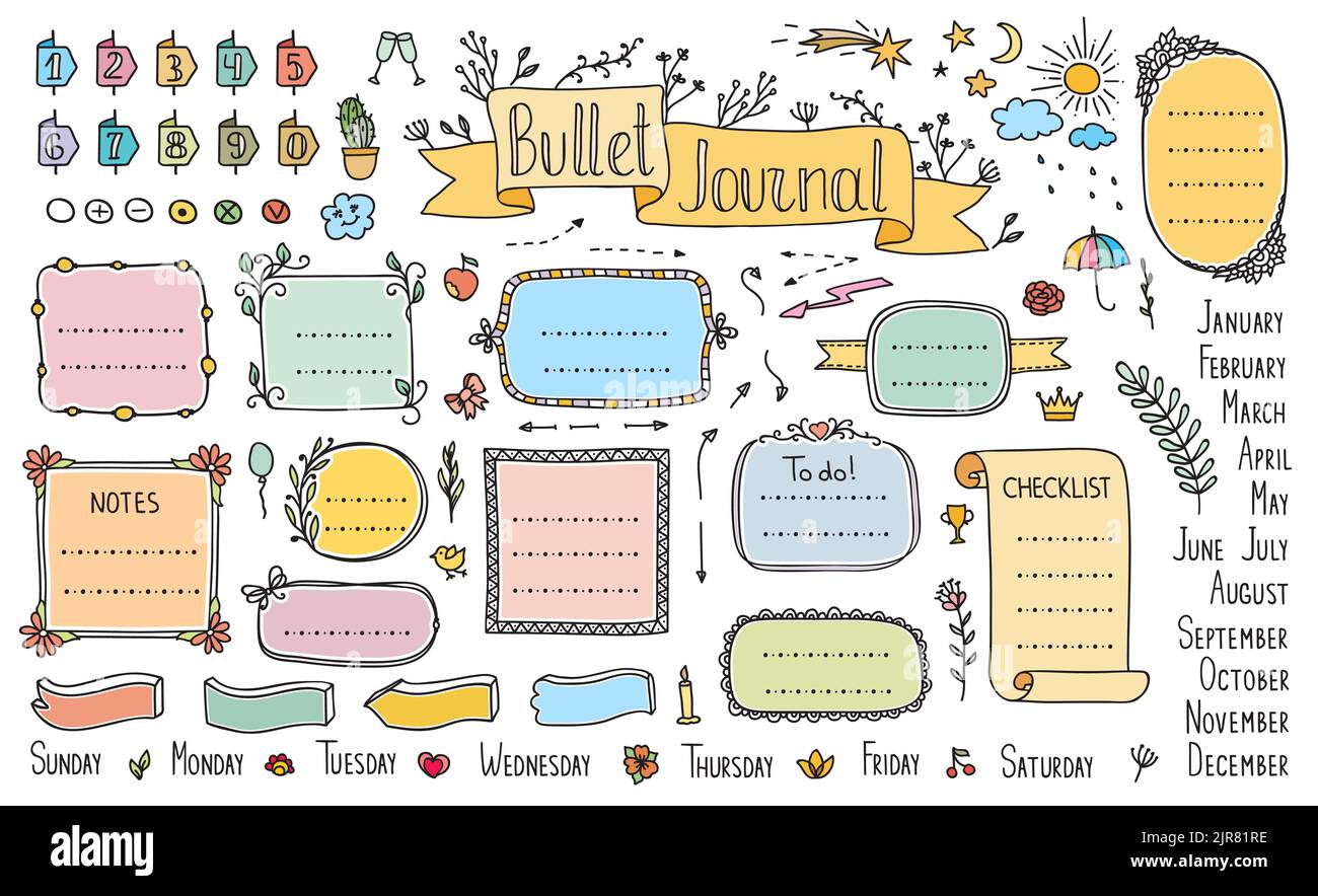 Bullet journal color doodle diary calendar elements and scrapbook notes, vector frames. Journal bullet or calendar planner cartoon doodle pencil stickers with week day and month, scrap book labels Stock Vector