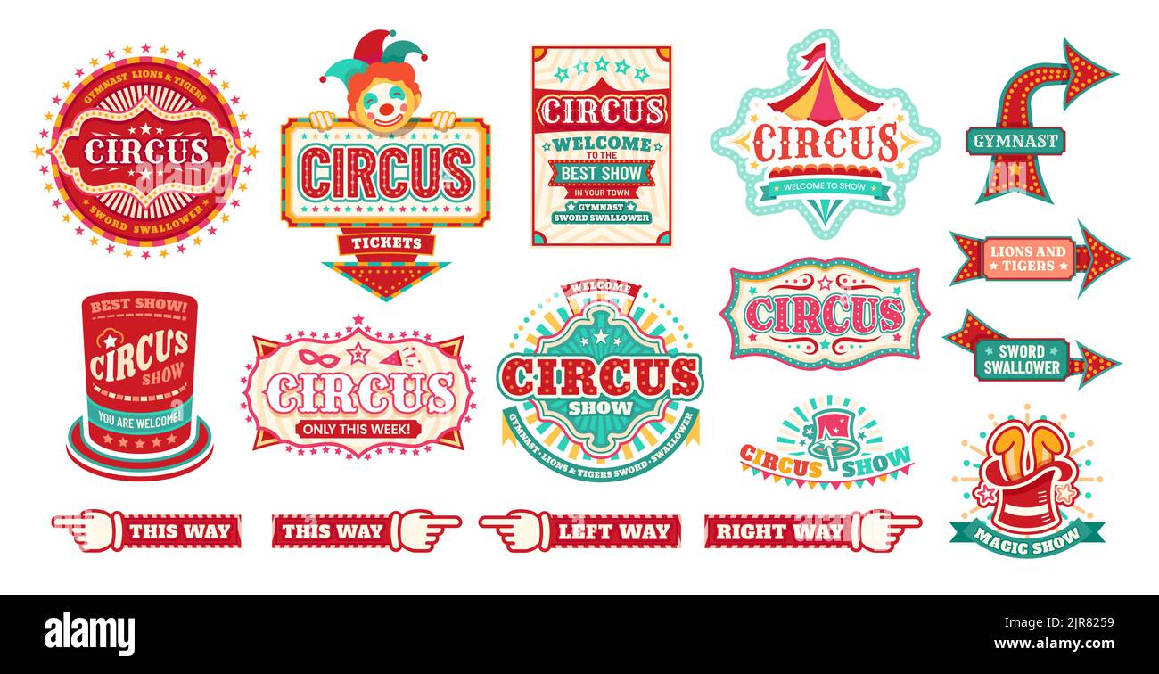 Circus carnival signs and signboards, fair show welcome banners, vector direction pointers. Circus funfair carnival ticket booth poster with finger arrow signboard to lions or tigers magic show Stock Vector