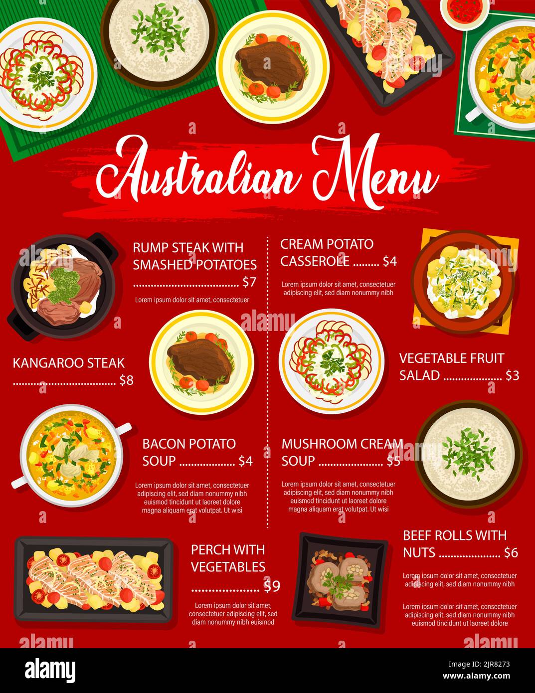 Australian cuisine food of bbq restaurant menu with grilled meat and fish. Vegetable fruit salad, kangaroo and beef steaks, mushroom and bacon soups, perch, beef rolls with nuts and potato casserole Stock Vector
