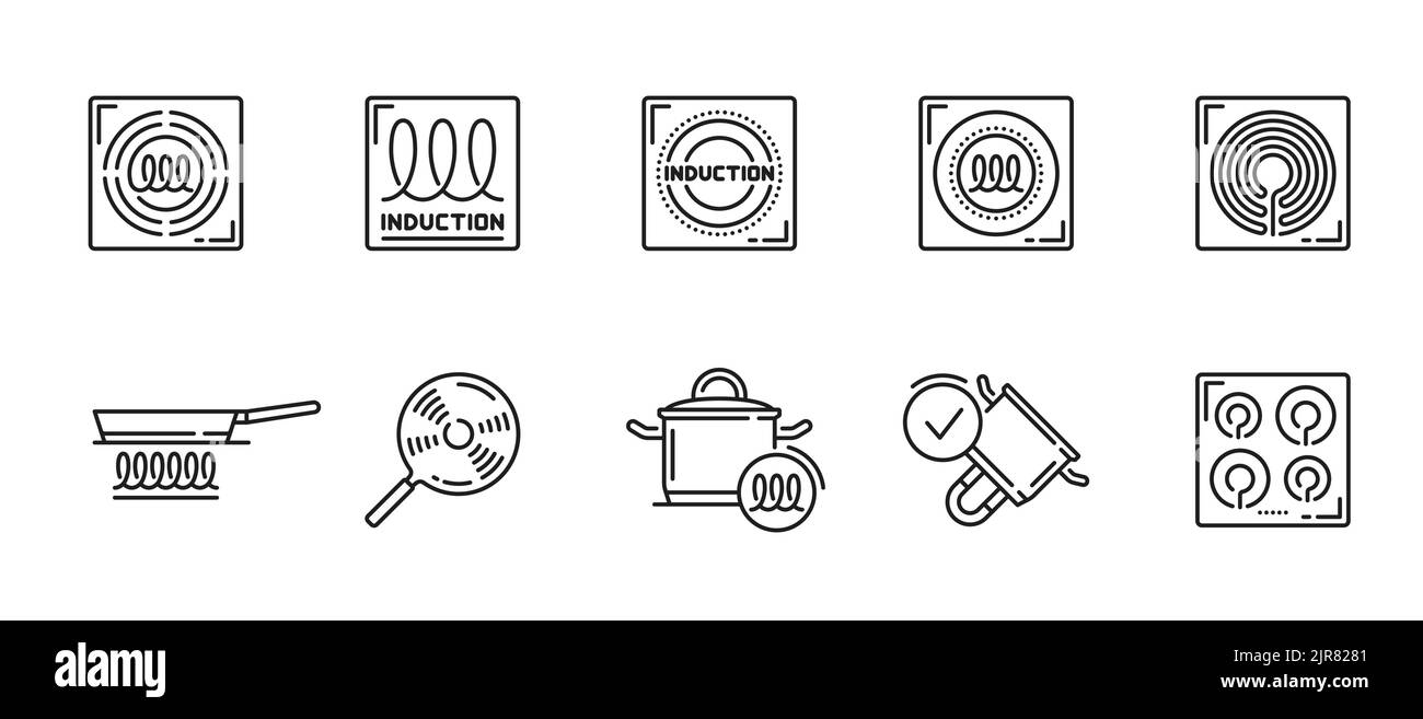 Induction icons of cooker stove top or kitchen hob and cookware, vector spiral symbols. Induction compatible kitchenware linear signs of saucepan or frying pan suitable for cooker stoves and cooktops Stock Vector