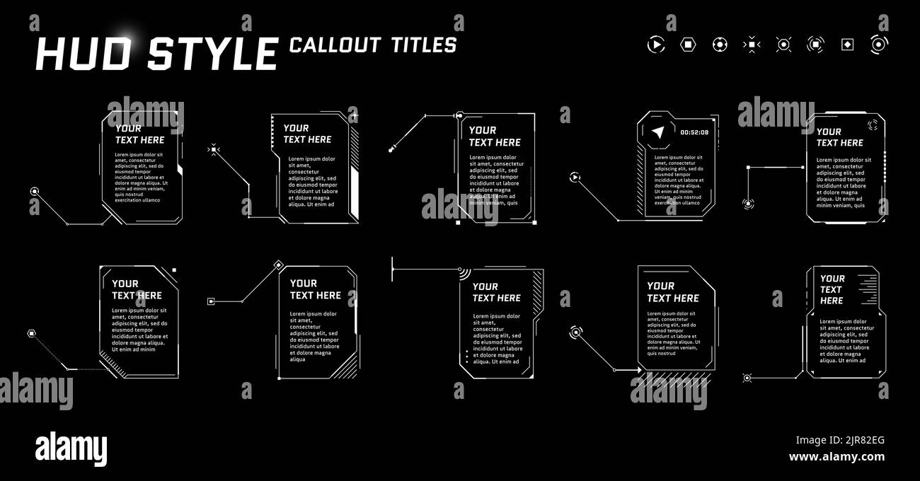 HUD futuristic style callout titles on black background. Infographic