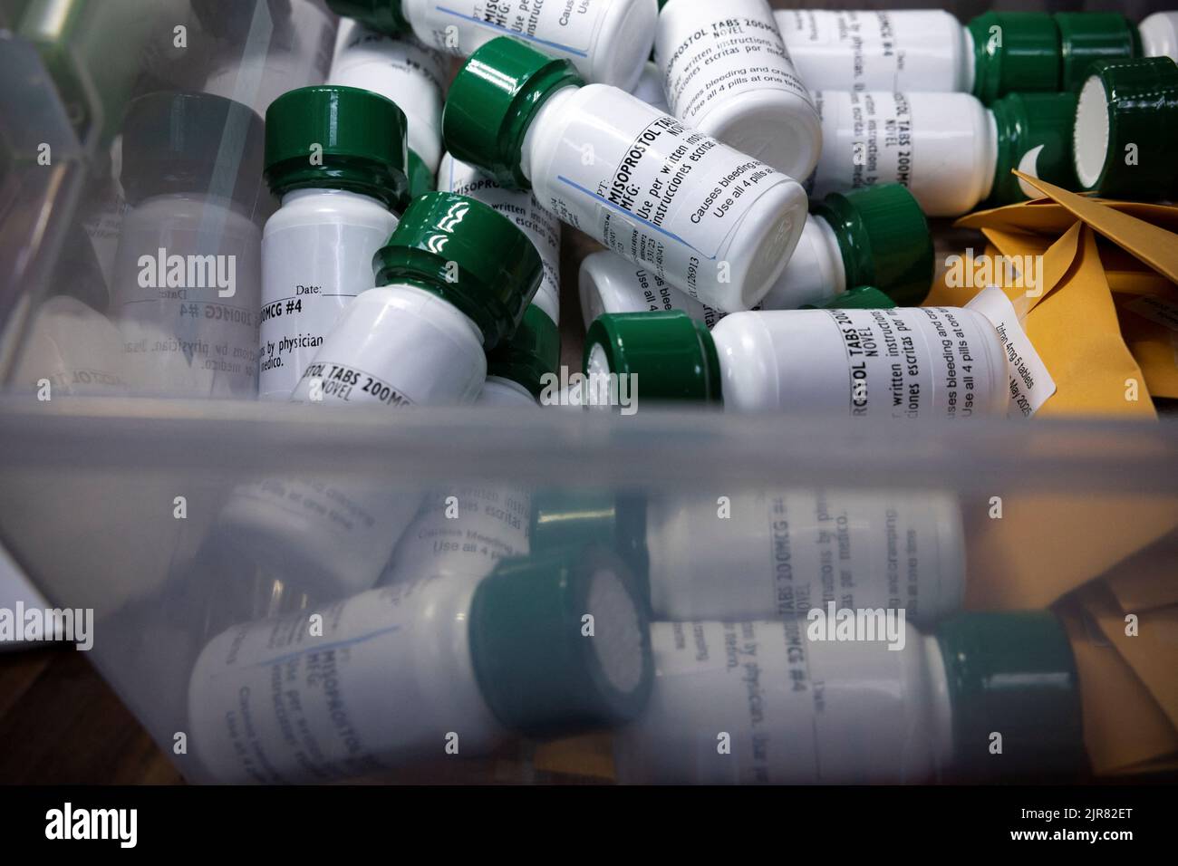 Bottles of Misoprostol, the second medication used in a medical abortion, lay unused in a storage bin at a Houston abortion clinic which stopped providing abortions when the U.S. Supreme Court overturned Roe v. Wade, in Texas, U.S., July 7, 2022. REUTERS/Evelyn Hockstein Stock Photo