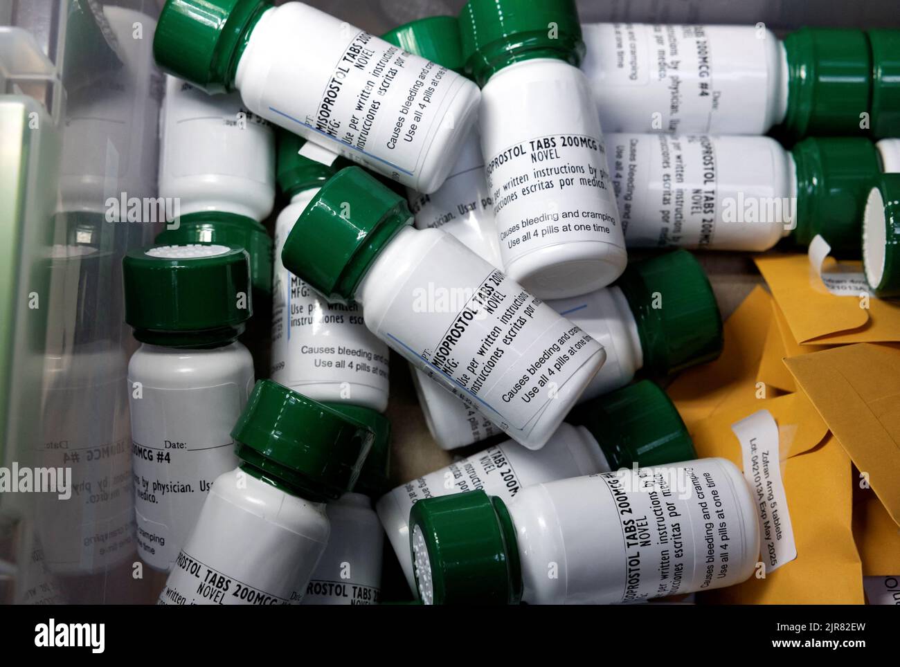Bottles of Misoprostol, the second medication used in a medical abortion, lay unused in a storage bin at a Houston abortion clinic which stopped providing abortions when the U.S. Supreme Court overturned Roe v. Wade, in Texas, U.S., July 7, 2022. REUTERS/Evelyn Hockstein Stock Photo
