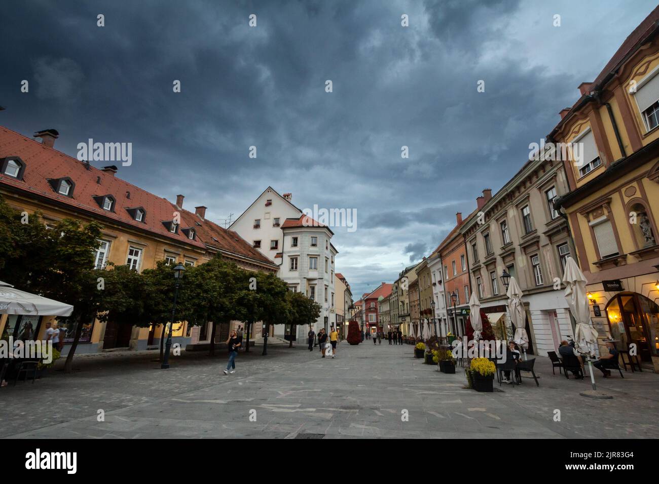 Picture of the landscape of the city center of celje with pedestrian street in background. Celje is the fourth-largest city in Slovenia. It is a regio Stock Photo