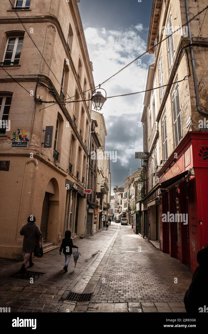 Picture of stone buildings from the middle age in the old town of Bordeaux, France, during a sunny afternoon. Bordeaux is the main city of Southwester Stock Photo