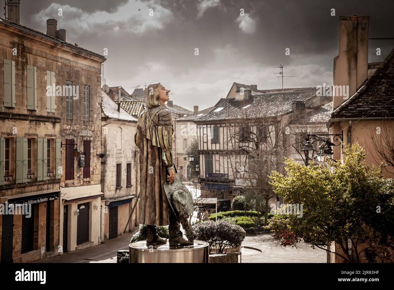 Picture of the Cyrano de Bergerac statue on place de la Mirpe, in bergerac. Designed by mauro corda in 2000, it's dedicated to Edmond Rostand theater Stock Photo