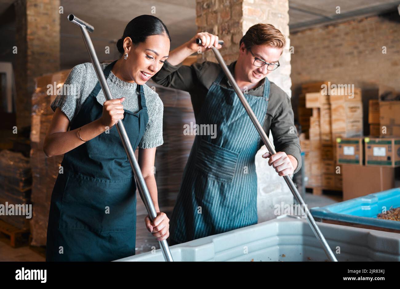 Cellar workers, making wine and mixing open tank with stirring