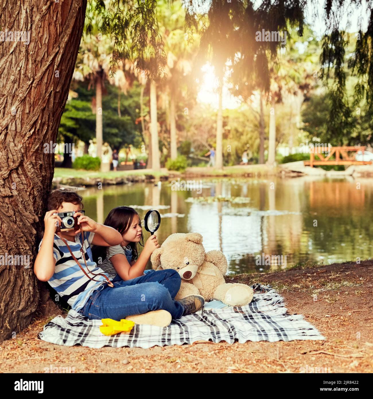 Kids always see the fun in life. two little siblings having fun while sitting on a blanket at the park. Stock Photo
