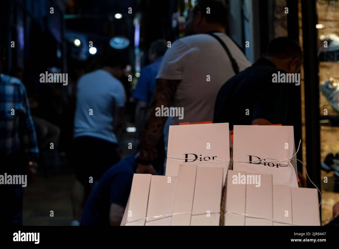 Picture of a Dior sign on items of the brand ready to be delivered in kapalicarsi grand bazaar, in a  boutique in Istanbul, Turkey. Christian Dior, co Stock Photo