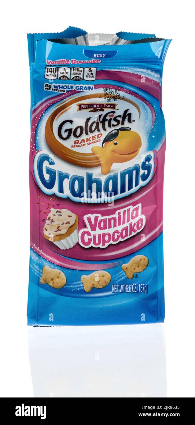Winneconne, WI -1 May 2022: A package of Pepperidge farm goldfish grahams in vamilla cupcake flavor on an isolated background Stock Photo