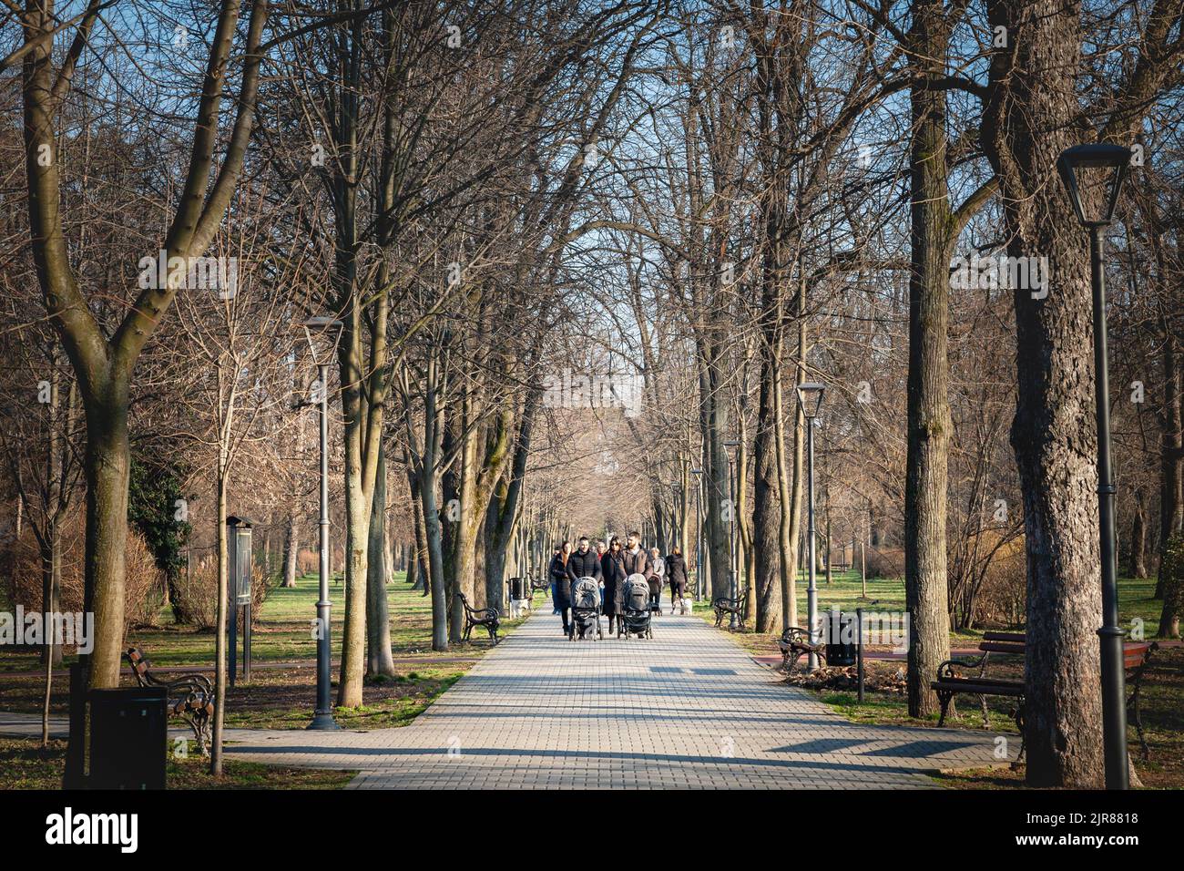 Picture of the gradski park, the city park of Pancevo, in Vojvodina, Serbia, with a serbian young family, two fathers, and babies in a stroller, walki Stock Photo