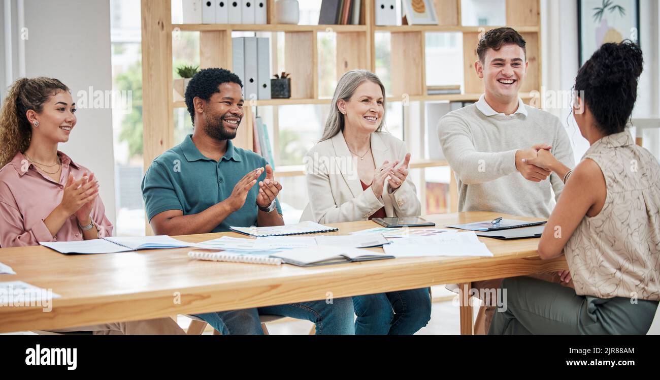 Interview, hiring and business of a creative team in a welcome meeting ...