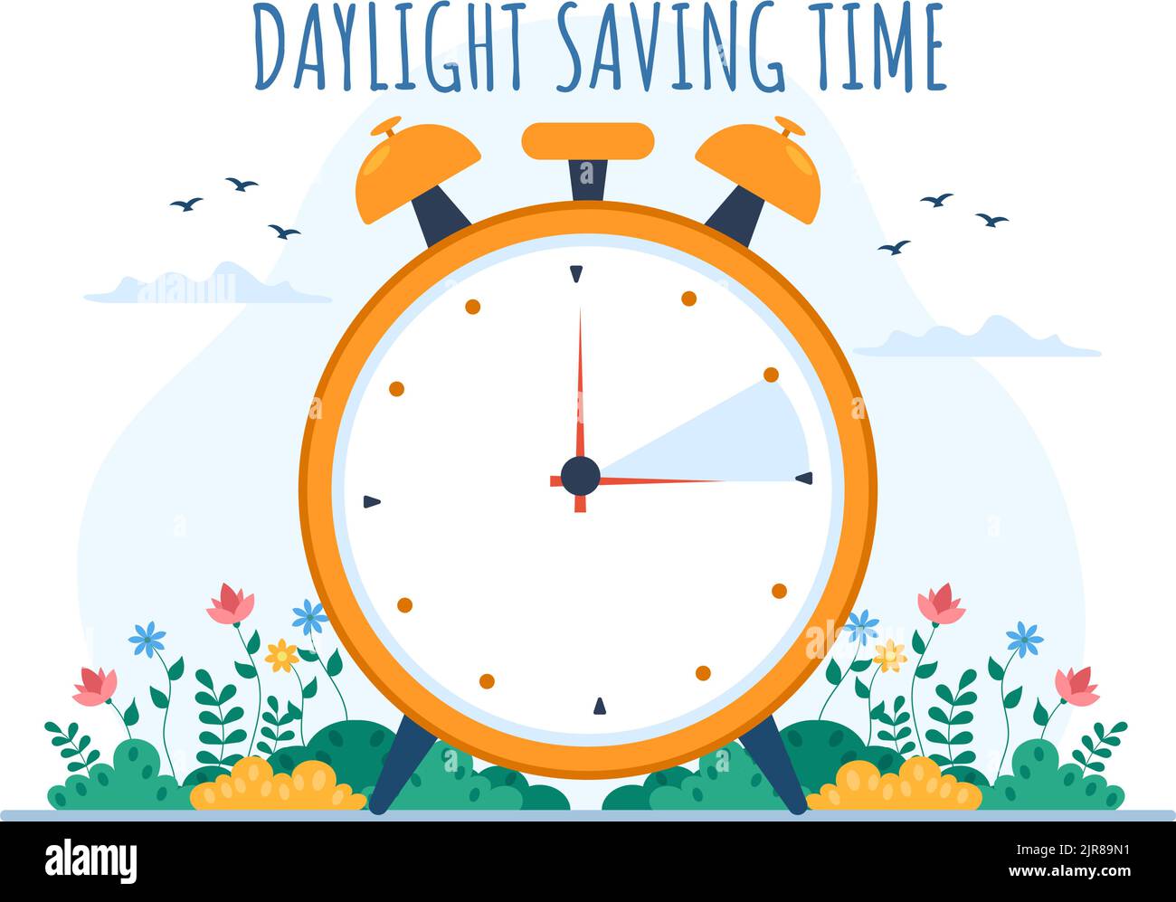 Daylight Savings Time Hand Drawn Flat Cartoon Illustration with Alarm