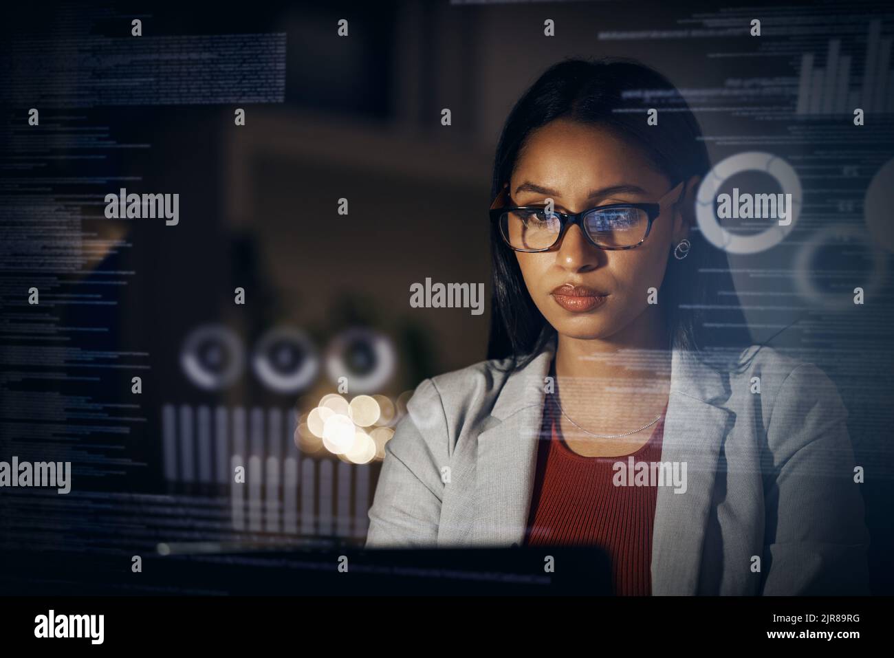 Digital IT technician or software developer coding user interface or UX program code on computer at night. Futuristic javascript SSL language with Stock Photo