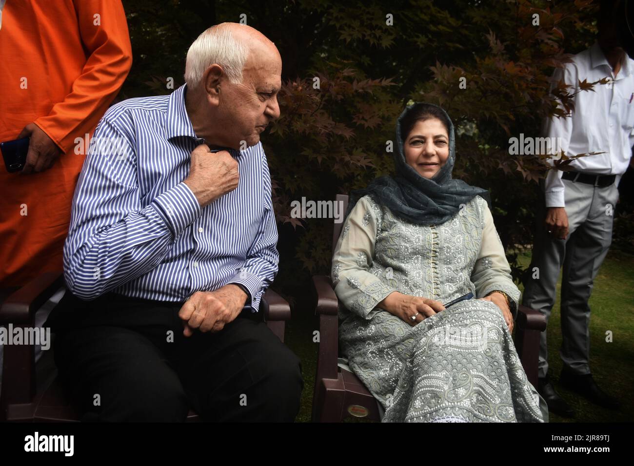 Srinagar, Jammu And Kashmir, India. 22nd Aug, 2022. All Party meeting in Srinagar. Former Jammu and Kashmir Chief Minister and National Conference President Farooq Abdullah interaction with Leaders of various political parties at his Srinagar's residence before a press conference in Srinagar, the summer capital of India Kashmir. Farooq Abdullah convened an all-party meeting over the inclusion of outside voters in J&K's electoral rolls. The meeting at his Srinagar was attended by former Chief minister Mehbooba Mufti and other top leaders of various political parties. (Credit Image: © Mubashir Stock Photo