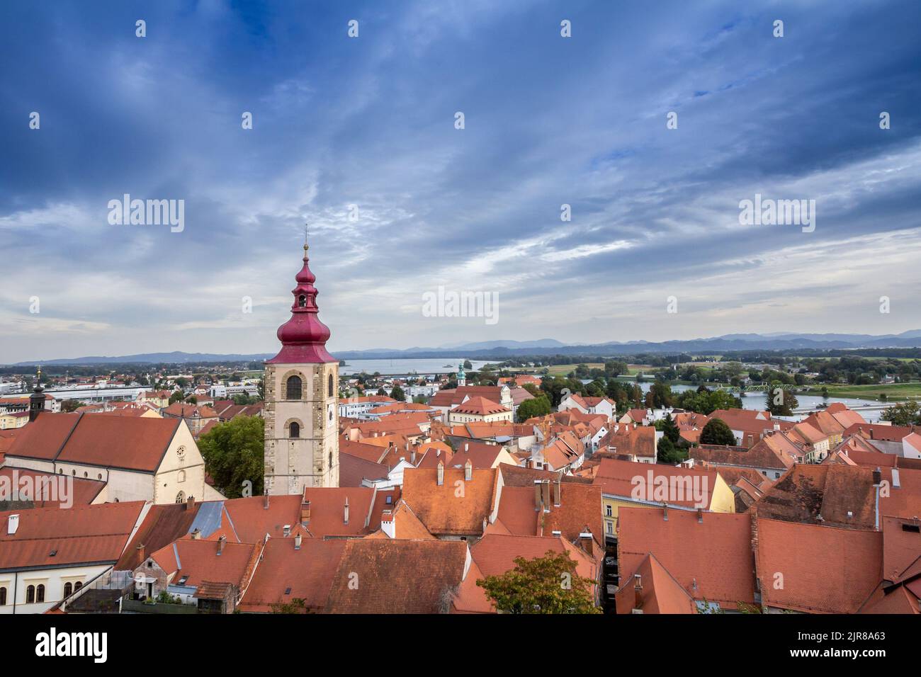 Picture of the landscape of Ptuj seen from above. Ptuj is a town in northeastern Slovenia that is the seat of the Municipality of Ptuj. Ptuj, the olde Stock Photo
