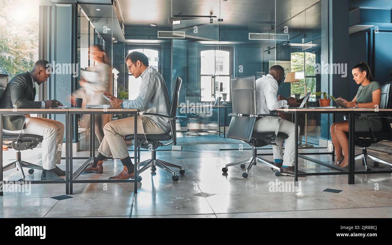 Coworking space, office and sharing desk in corporate workplace