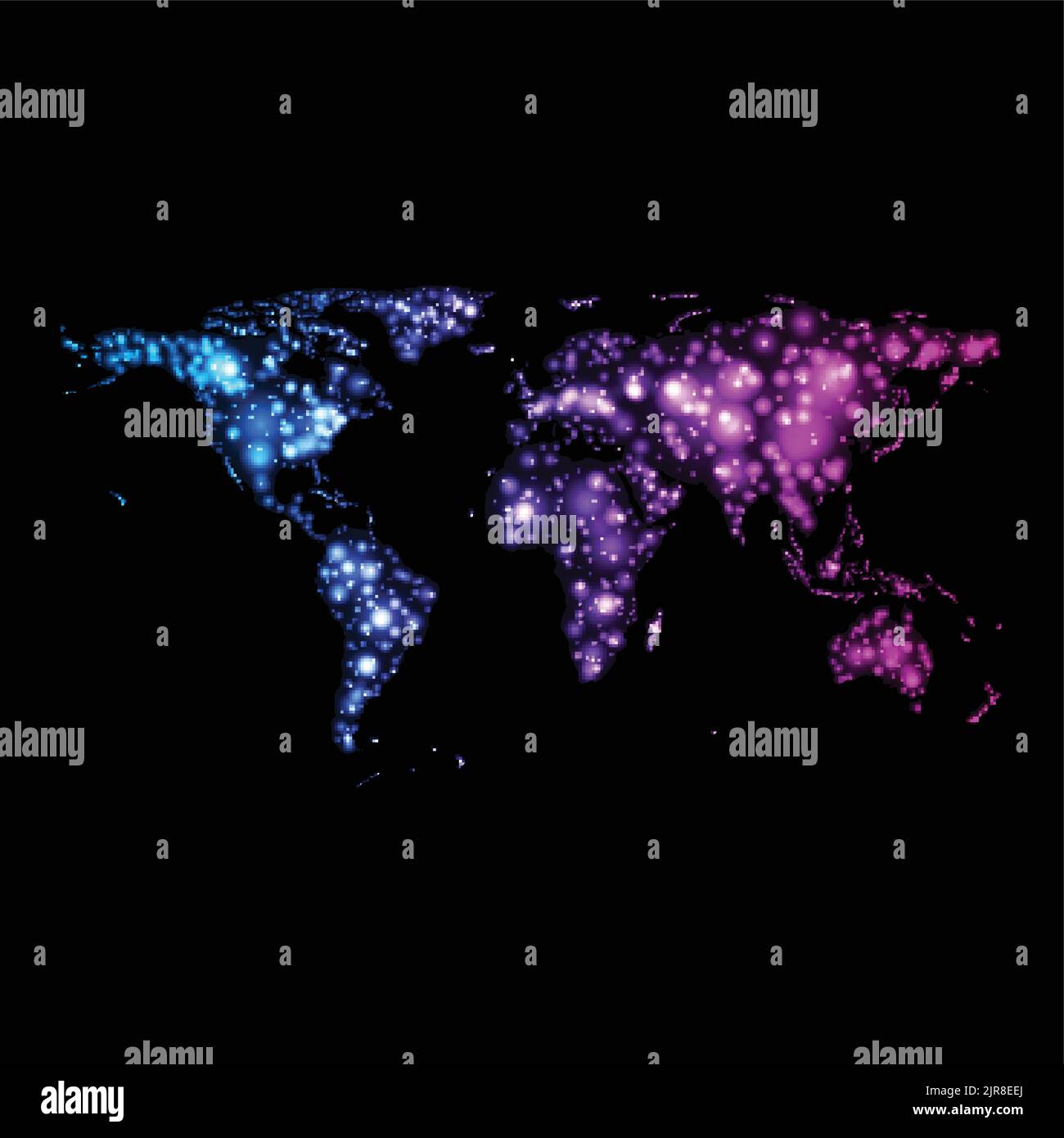 Bright glowing neon blue and purple abstract world map on night. Vector background Stock Vector