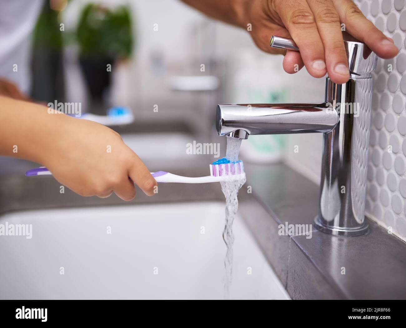 One process of brushing your teeth. an unrecognizable man opening the tap while an unrecognizable child wets their toothbrush in the bathroom at home. Stock Photo