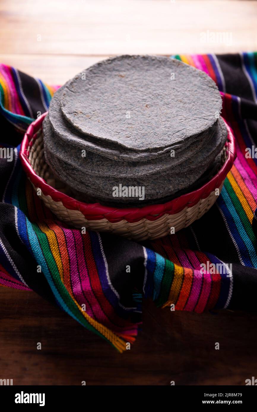 Blue Corn Tortillas. Food made with nixtamalized corn, a staple food in