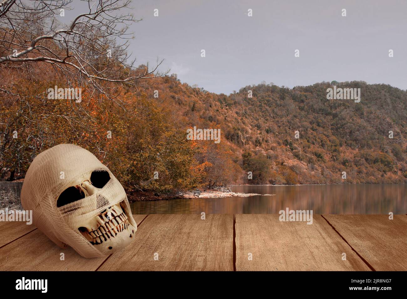 Mummy with skull head on wooden table with lake and hill background. Halloween concept Stock Photo