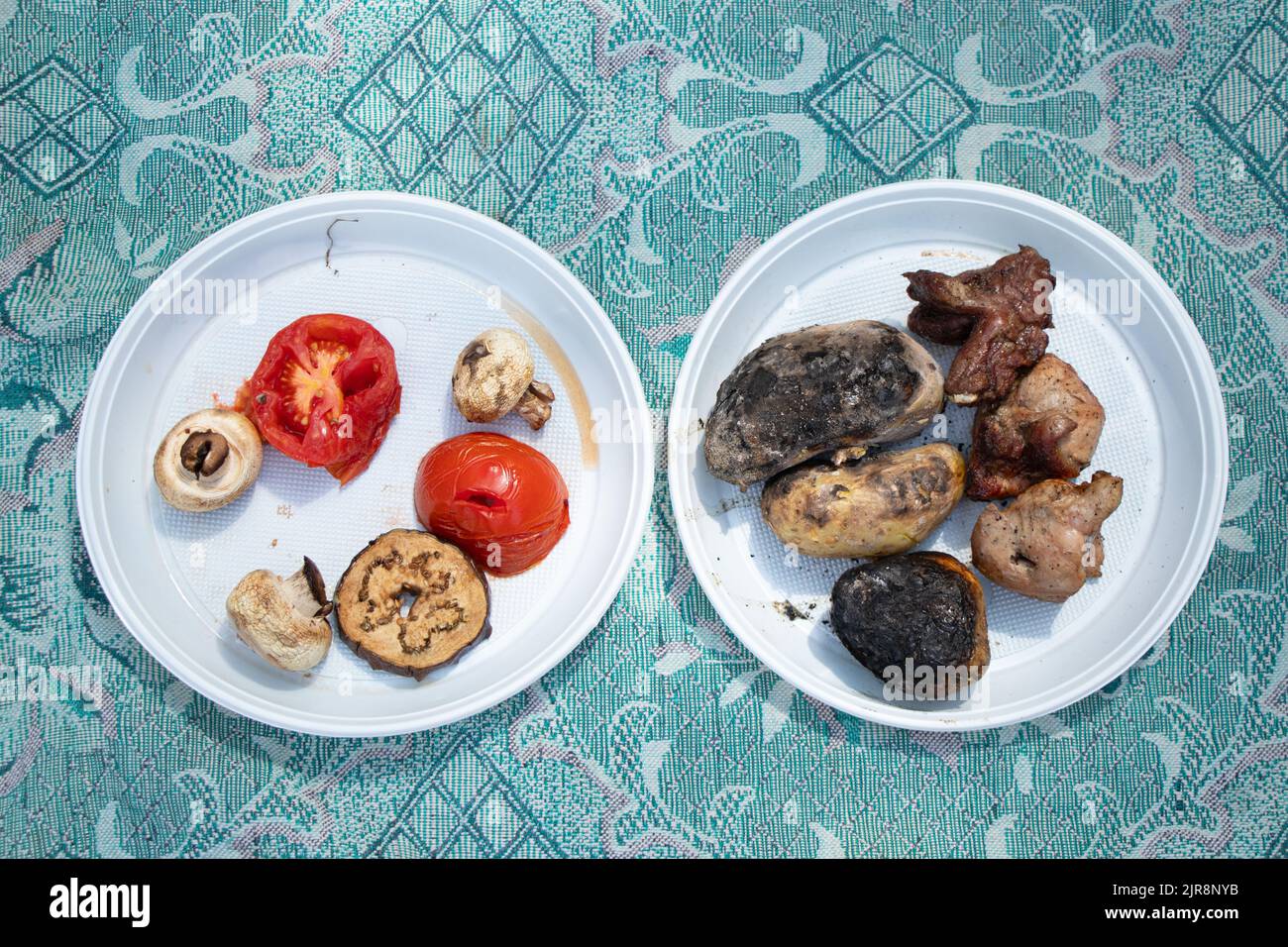 grilled blue grilled mushrooms mushrooms lie on plastic disposable dishes on a tablecloth in the forest, baked vegetables at a picnic, disposable dish Stock Photo