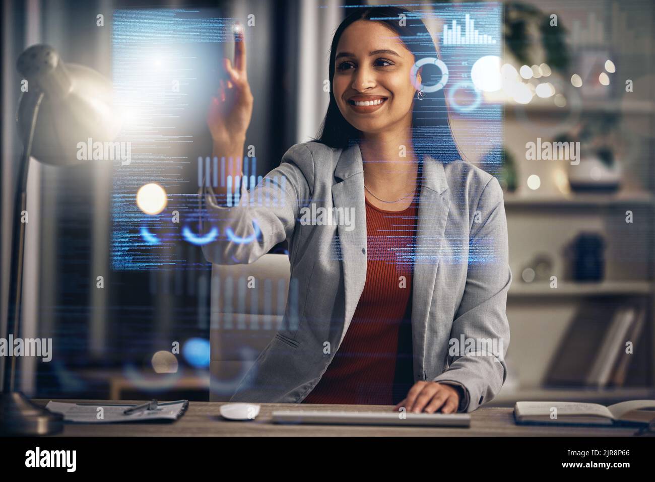 Digital IT technician or software developer coding user interface or UX program code on cgi 3D screen. Futuristic javascript SSL language with genius Stock Photo